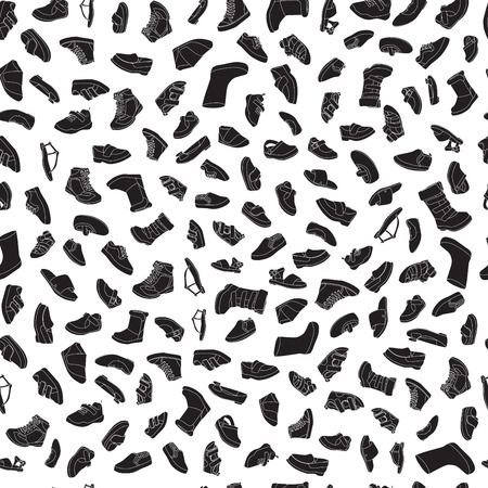 Kids shoes, set, collection of fashion footwear, seamless pattern. Baby, girl, boy, child, childhood. Vector design isolated illustration. White outlines, black silhouettes, white background.のイラスト素材