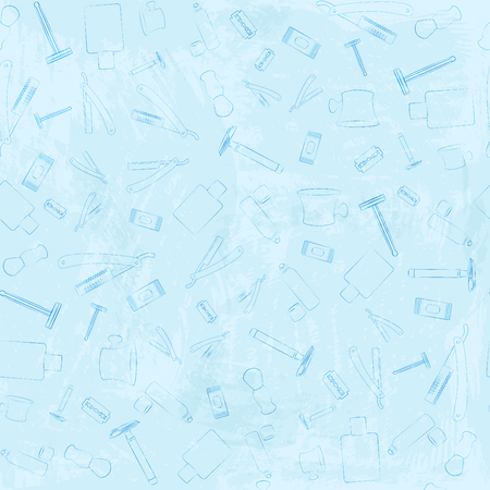 Shaving tools seamless pattern. Vector design isolated illustration. Blue outlines, light blue watercolor background.のイラスト素材