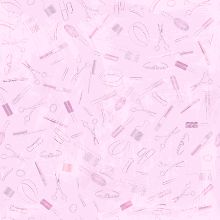 Hairdressing tools seamless pattern. Vector design isolated illustration. Blue outlines, pink watercolor background.のイラスト素材