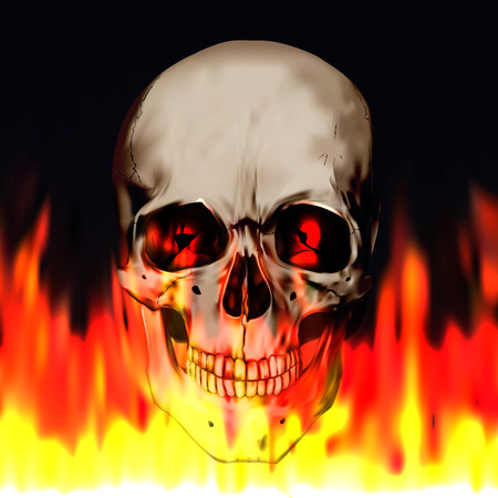 Human realistic skull with burning eyes. Fire background, anatomy vector illustration.のイラスト素材