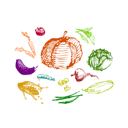 Vegetables, healthy food. Hand drawn sketch doodle vector illustration.のイラスト素材
