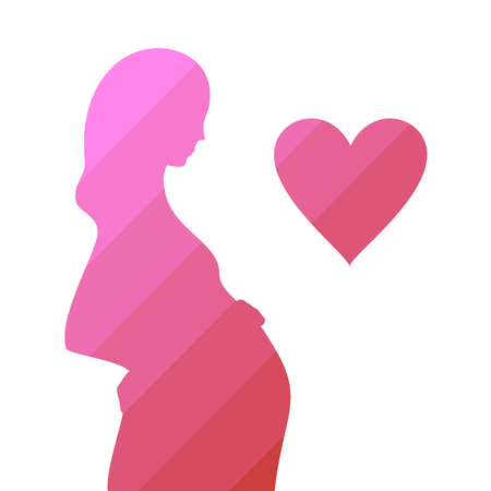 Expecting pregnant mother. Pink silhouette, heart. Design element for pregnancy theme. Vector illustration.のイラスト素材