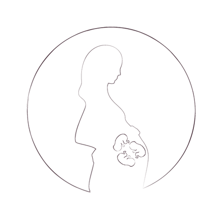 Expecting pregnant mother, triplets. Black outline, white background. Design element for pregnancy theme. Vector illustration.のイラスト素材