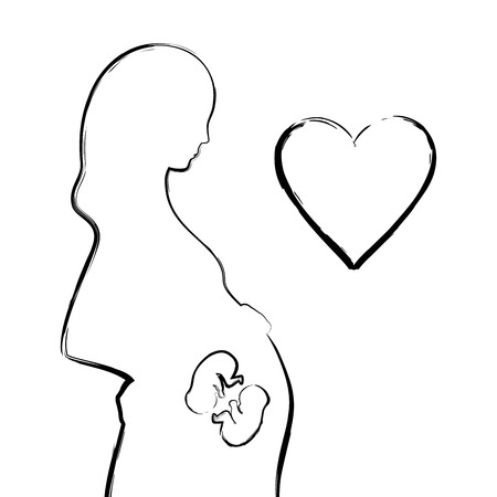 Expecting pregnant mother, twins. Black outline, white background. Design element for pregnancy theme. Vector illustration.のイラスト素材