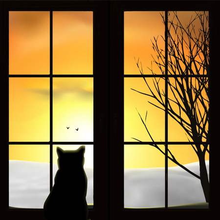 A cat looking out a window. Snow field, sunset, sunrise, tree, birds. Orange sky, silhouettes. Vector illustration.のイラスト素材