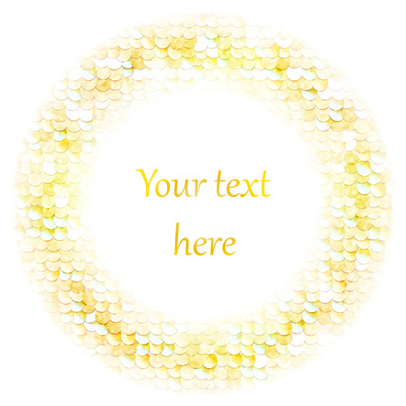 Sequins sparkling yellow gold circle. White background. Vector illustration. Place for text.のイラスト素材