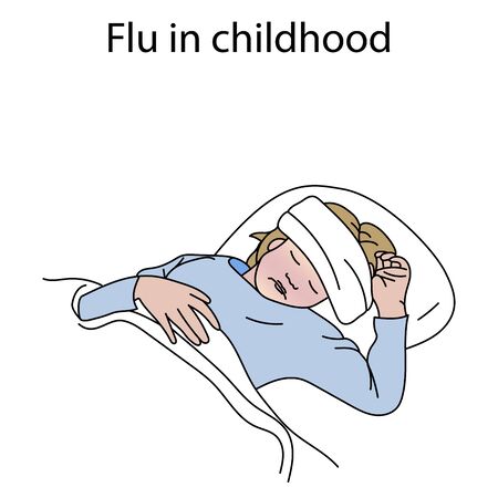 Flu in childhood. Sick girl lying in bed with cold compress on head. Line art, colored vector illustration.のイラスト素材