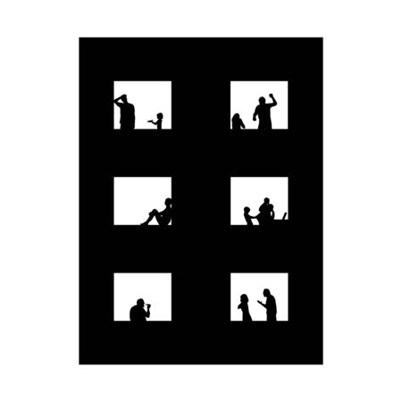 Quarantine, self isolation problems. Domestic violence, loneliness, obesity, poverty, quarrel. Child, man, woman silhoettes in window. Vector social illustration.のイラスト素材