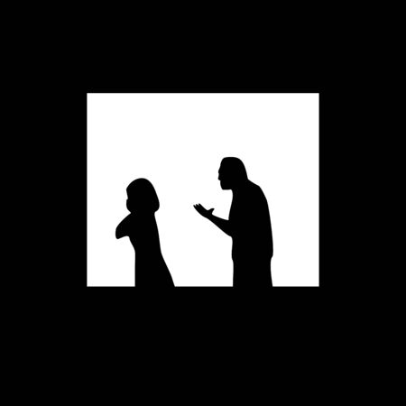 Quarantine, self isolation problems. Quarrel, relationship. Man, woman silhoettes in window. Vector...