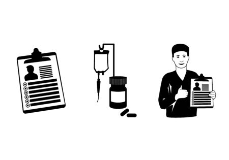 Treatment, pills, bottle, drop counter, dropper. Smiling doctor with diagnosis, patiant card. Thumb up. Medical black and white anatomy illustration.のイラスト素材