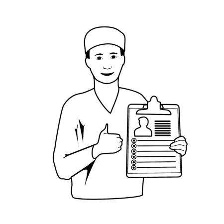 Smiling doctor with diagnosis, patiant card. Thumb up. Medical line art outline anatomy illustration.のイラスト素材