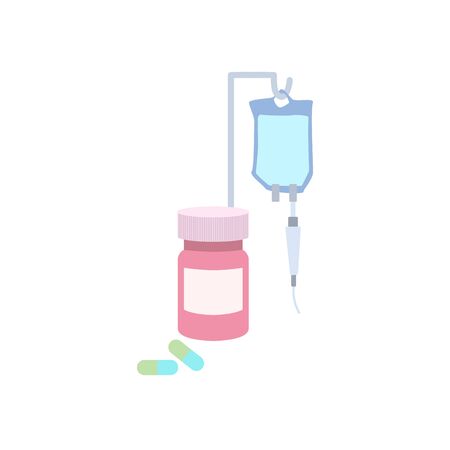 Treatment, pills, bottle, drop counter, dropper. Medical flat anatomy illustration.のイラスト素材