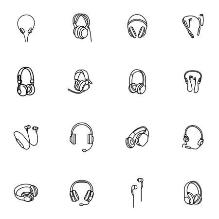 Set of 16 modern headphones. Black line art. Outlined. Vector illustration.のイラスト素材