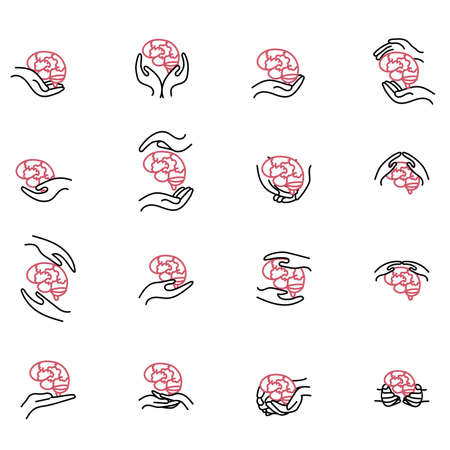 Brain in hands set. Icons bundle. Vector medical illustrationのイラスト素材