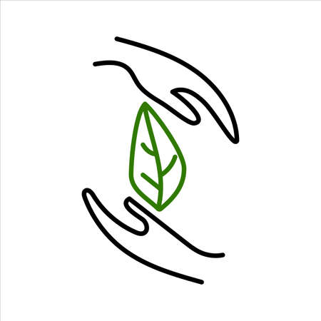Green leaf, plant in hands isolated icon. Saving nature. Vector illustrationのイラスト素材