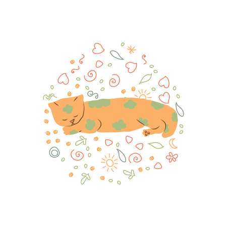 Cosy hand drawn cat with decorations. Clouds. Vector illustration. Editable lines. Colored, round background, cute pattern.のイラスト素材