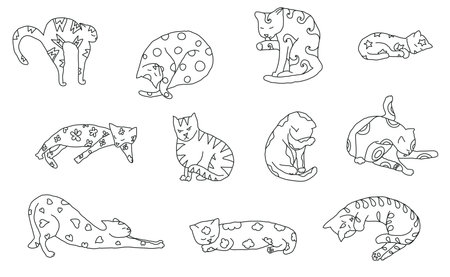 Cosy set cat hand drawn with decorations. Vector illustration. Editable lines.のイラスト素材