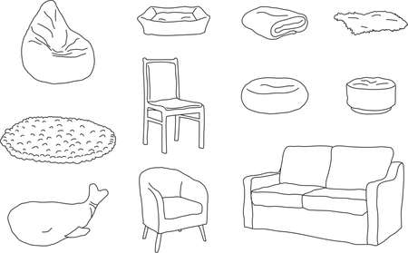 Set, collection of hand drawn cosy soft places. Outlines. Vector illustration.のイラスト素材