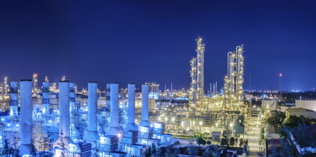 Petrochemical plant and lighting at night, Oil and gas refinery industry with night sky backgroundのeditorial素材