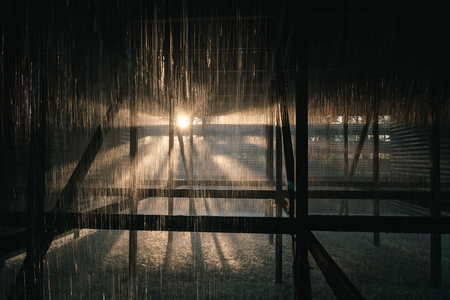 Inside of cooling tower in industrial plants with sunlight, Water distribution for heat transfer in cooling towerの写真素材