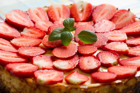 Top of a delicious strawberry vanilla cheesecake with mint. の写真素材
