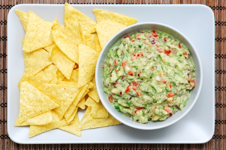 Guacamole and nachos on a rectangular plate and bowl. The plate is placed on a wooden table-top. Guacamole and nachos on a rectangular plate and bowl. The plate is placed on a wooden table-top.