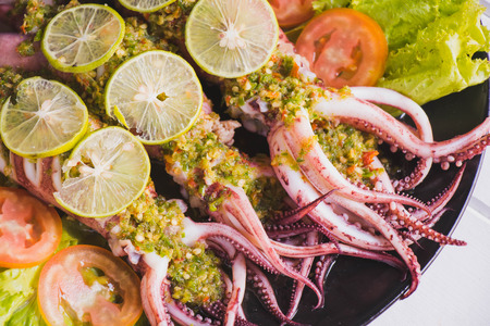 top view of Squid with  spicy seafood sauceの写真素材