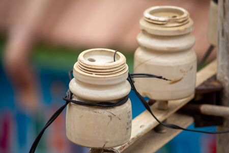 View of the equipment in the telephone pole carrying the wires for landline phones