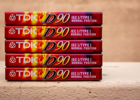 Salem, Tamil Nadu / India - November 24 2019 : View of unopened TDK D90 audio cassettes stacked...