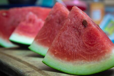View of watermelon fruit sliced into pieces. Use for healthy snack concept.