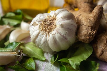 View of commonly used in ingredient (garlic, ginger and curry leaves) in south Indian cooking. Foods that help boost immunity in natural way.の写真素材