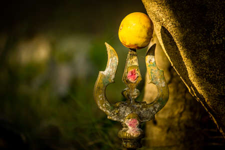View of trishul(weapon of hindu god shiva) which is sacred and worshipped people following hinduism