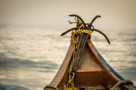 View of the fisherman boat along the coastline of bay of bengal, Tamil Nadu, Indiaの写真素材