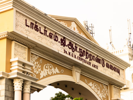 Chennai, Tamil Nadu, India - January 13 2021: View of the DR MGR Centenary Arch along Marina Beach, Chennai, Tamil Nadu, Indiaのeditorial素材