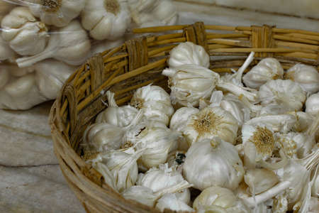 View of whole garlic bulbs. Garlic helps build immunity against cold and flu.