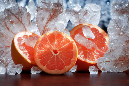 Fresh Orange Slices with Ice Cubes and Leaves on Wooden Backgroundの写真素材
