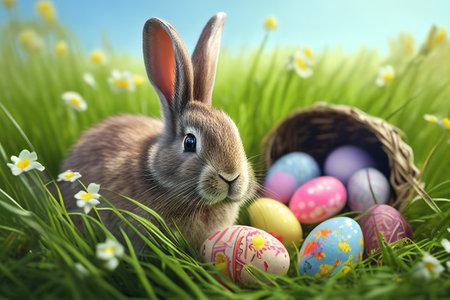 Rabbit and easter eggs on green grass. Easter concept.