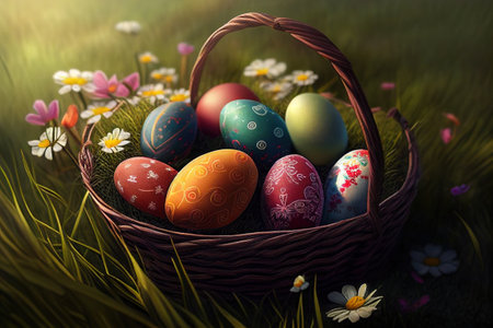 Easter eggs in a basket on green grass.