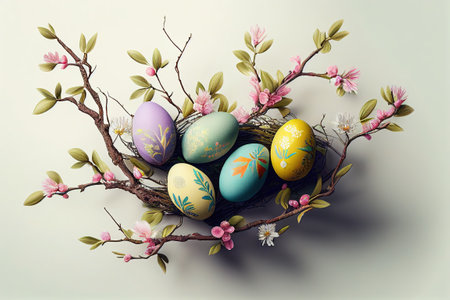 Easter eggs in a nest of twigs with flowers on a grey background