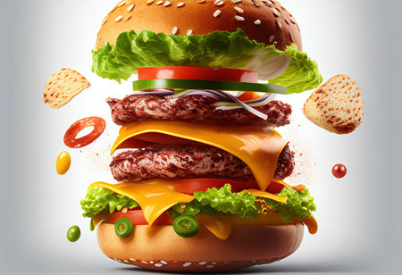 Big hamburger with flying ingredients isolated on white background. 3d illustrationの写真素材
