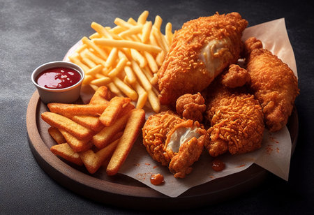 Fried chicken nuggets, french fries and ketchup on wooden boardの写真素材