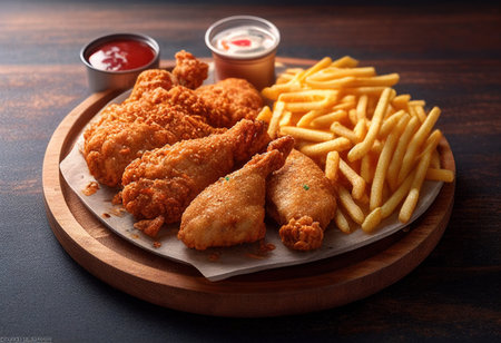 Fried chicken nuggets with french fries and ketchup on wooden boardの写真素材
