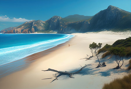 Beautiful panorama of the beach with mountains in the background.の写真素材