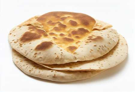 Pile of pita bread isolated on white background. Top view.の素材