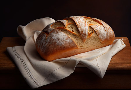 Freshly baked bread on a wooden board with a linen napkinの素材