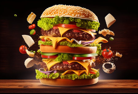 Big hamburger with flying ingredients on dark background. 3d renderingの素材