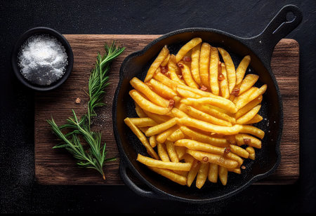 Golden French fries potatoes in a cast iron skillet on a dark background, top viewの素材