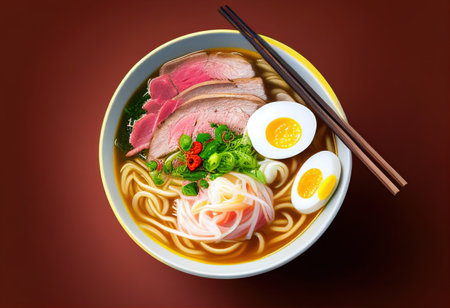 Japanese ramen noodle soup with pork in a bowl on red backgroundの素材