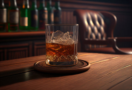 Whiskey on the rocks with ice cubes on a wooden tableの素材