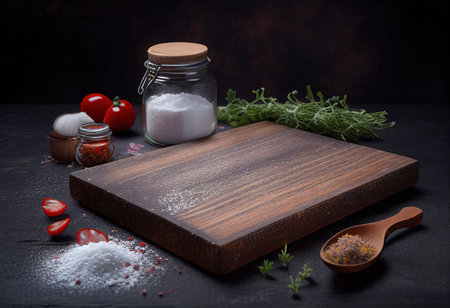 Wooden cutting board with salt, pepper and herbs on dark backgroundの素材